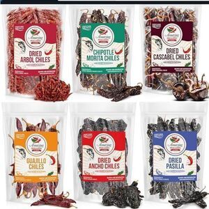 New Dried Chillis Variety Six Pack: Ancho Guajillo Pasilla Arbol Chipotle Cascab